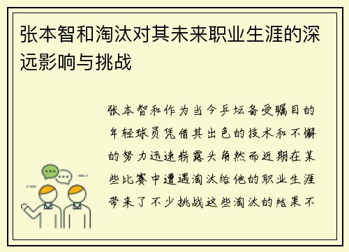 张本智和淘汰对其未来职业生涯的深远影响与挑战